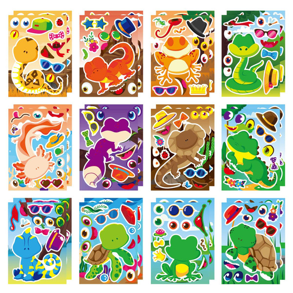 24 PCS Reptile Animal Stickers for Kids, Make-a-face Sticker, Make Your Own Reptile Animal Mix and Match Sticker with Snakes, Lizards, Frogs, Turtles, Kids Party Favor Supplies Craft