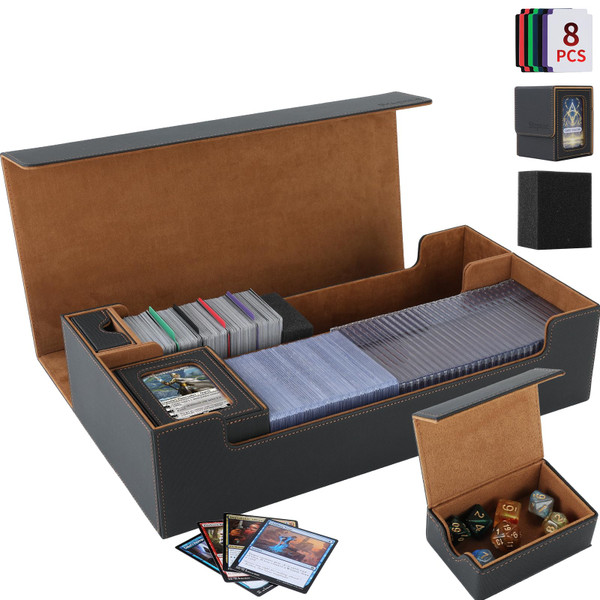 Trading Card Storage Box, 2200+ MTG Deck Box Leather Magnetic Closure Commander Deck Box, Holds 5 Small Deck Boxes, Includes 1 Small Box, 8 Dividers, 1 Foam Stopper, 1 Toploader, Black/Brown