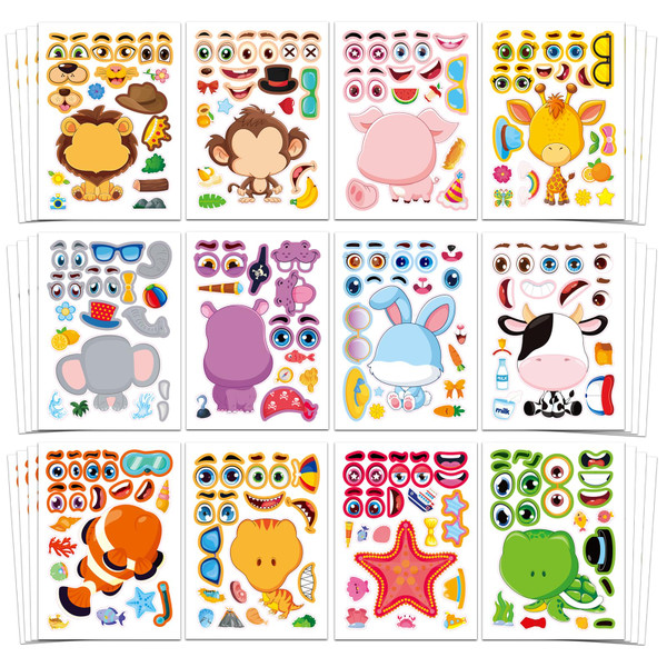 Aowplc 48 Pcs Make-a-Face Sticker Sheets for Kids 12 Animal Designs for Party Favors Crafts Activities & Goodie Bag Stuffers