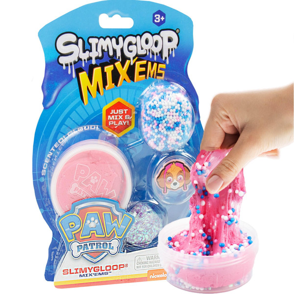 Paw Patrol SLIMYGLOOP Mix'Ems, 2.5 oz Bubblegum Cloud Slime, Fun Mix-Ins, Rubber Skye Paw Patrol Charm, Paw Patrol Toys, 3 Year Old Boy Toys, Fidget Toy, Super Soft Non-Sticky Stress Relief Toy