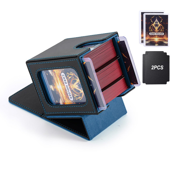 MTG Deck Box, Double Display Window MTG, Commander Deck Box Fits 120+ Single Sleeved Cards, PU Leather Magnetic Closure Card Box with 2 Dividers & 2 Toploaders for TCG, CCG, Black/Blue