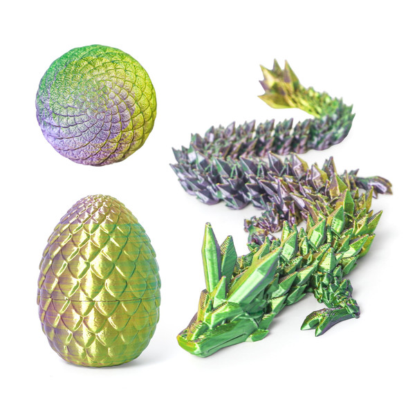 Flavery 3D Printed Dragon in Egg - Tricolor Egg with Flexible Crystal Dragon Inside, Colorful Fidget Toy, Birthday Gift, Desk Pet Figure - 12 Dragon (Gold Green Purple) Flavery 3D Printed Dragon in Egg - Tricolor Egg with Flexible Crystal Dragon Inside, Colorful Fidget Toy, Birthday Gift, Desk Pet Figure - 12 Dragon (Gold Green Purple)