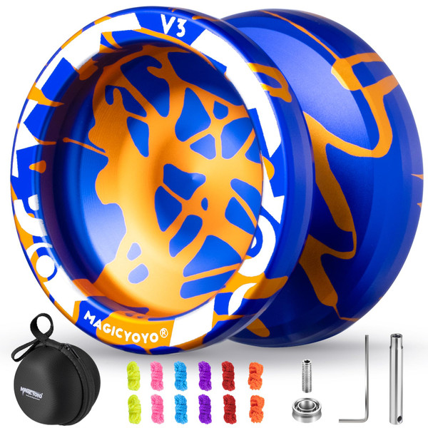 MAGICYOYO V3 Responsive Yoyo for Kids 8-12 , Professional Yoyo for Adult, Dual Purpose Metal Yoyo with KK Bearing + 12 Yoyo Strings, Bearing Removal, Axle, Yo yo Case (Blue Glod Splash)