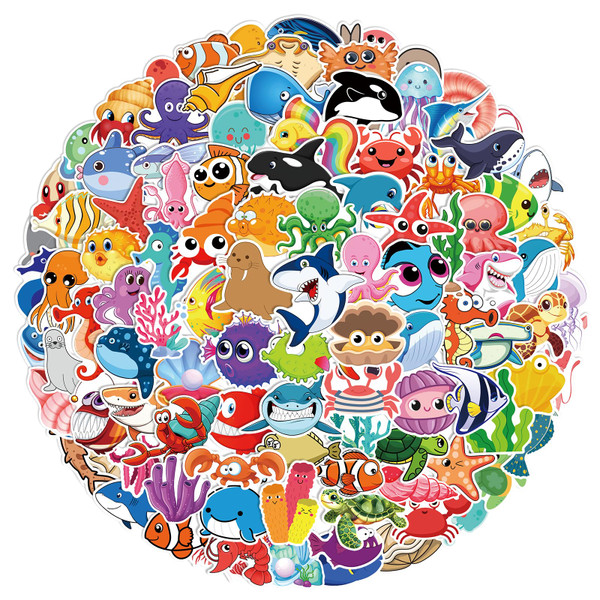 XZENTIRA 104 PCS Ocean Animal Stickers Bulk Sea Life Waterproof Vinyl Stickers Under The Sea Party Favors Fish Turtle Shark Stickers for Water Bottles Laptop Skateboard Gift Tags Ocean Party Supplies
