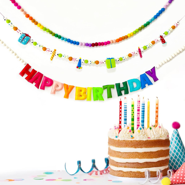 3Pcs Pre-Strung Happy Birthday Banners - Felt Ball Garlands - Reusable HAPPY BIRTHDAY Garland, Rainbow Birthday Decorations, Personalized Happy Birthday Sign for Birthday Party Home Classroom Decor