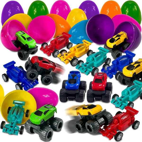 Stargo 16 Pack 3.2" Large Colorful Prefilled Easter Eggs with toys - Racing Cars mini Vehicles pull-back cars, Bright Plastic Easter Eggs Filled Basket Fillers Egg Hunts Party Favors, Boys Goodie Bags