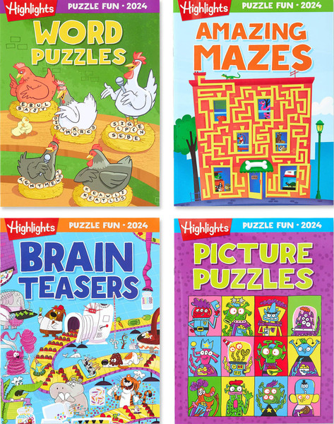 Highlights for Children Fun 2024 Puzzle Books for Kids Ages 6 and Up, 4-Book Set of Brain Teasers, Mazes, Word Puzzles and More Travel-Friendly Screen Free Brain-Boosting Activities