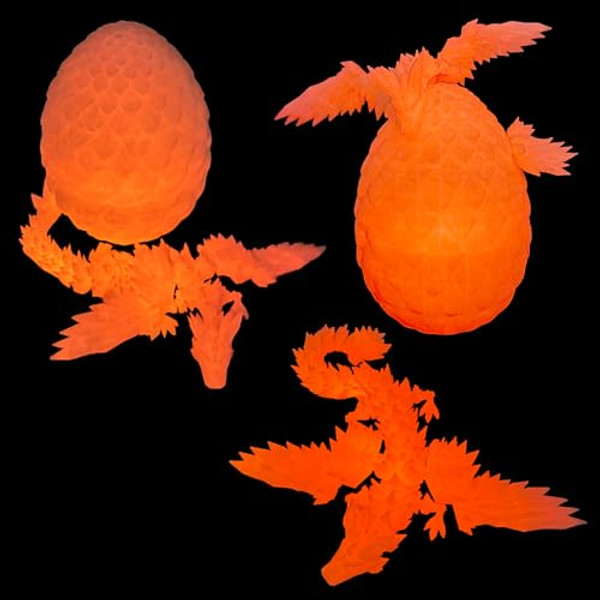 Flavery 3D Printed Flying Dragon in Egg - 9" Flexible Winged Crystal Dragon Inside, Cool Fidget Toy, Birthday Gift, Desk Pet Figure, Easter Egg, Dragon Collection (Glow Orange)