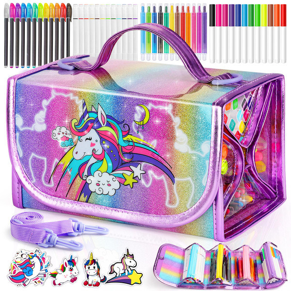 beefunni Unicorn Markers Set for Kids, Arts Supplies 67 pcs with Glitte Pencil Case and Strap, Birthday Gift for Girls 4 5 6 7 8 Years Old, Arts and Crafts Coloring Set for Kids 4-8