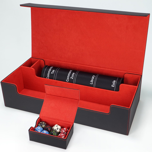 AFIING Mtg Deck Box Holds 5 Display Card Deck Boxes with Mtg Playmat & Dice Box,10 Dividers,1Card supporter, Trading Card Storage Box for Magic Yugioh Sports Cards (Black &Red)