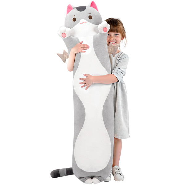 Mewaii Long Cat Plush 5 Sizes, 120% Extra Filling Giant Plushness Kids Body Pillow, Kawaii Cute Grey Cat Stuffed Animals Plushies, Big Long Body Pillow Cat Plush Gift for Girls 44