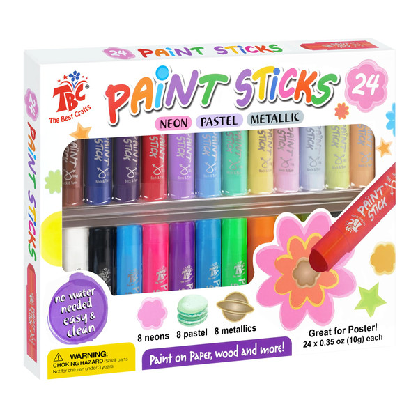 TBC The Best Crafts Paint Sticks, 24 Colors Mixed pack, Washable Paint, Non-toxic, Tempera Paint Sticks for Kids and Students