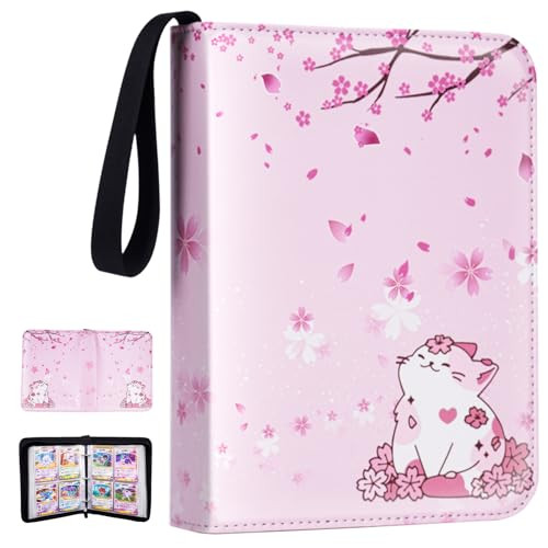 CLOKORIA Card Binder for Girls Gifts,440 Cards Collectible Trading Card Holder Case with 55 Sleeves, 4 Pocket for TCG Game Cards Collection Sports Trading Cards Collector Album (Sakura cat)