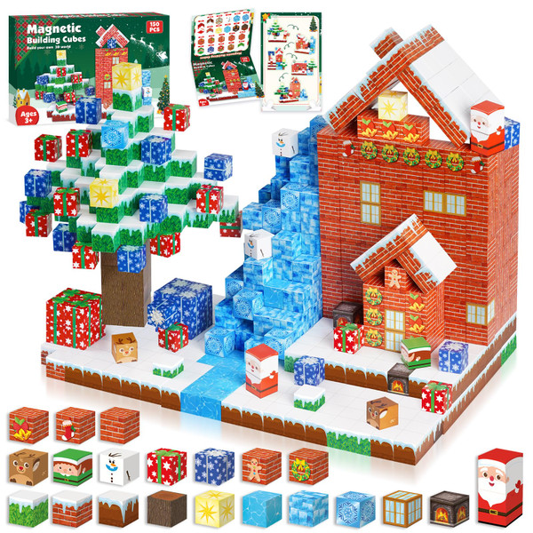 ToyUnited Christmas Magnetic Blocks - 150PCS Magnetic Building Blocks Magnetic Cubes Stacking, STEM Montessori Sensory Toys for Kids Boys Girls Ages 3-5 6-8 Christmas Holiday Easter Birthday Gifts