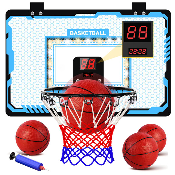 taseyok Basketball Hoop Indoor, Mini Basketball Hoops with Electronic Scoring, Timing Board, and LED Lights, Over The Door Basketball Gifts Toys for 5 6 7 8 9 10 11 12 Year Old Boys and Girls(Blue)