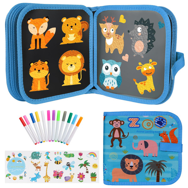 Qrytoi Erasable Doodle Set for Kids - Magic Drawing Book With 12 Watercolor Pens, 14 Page Reusable Book, Road Trip Car Game Writing Painting Set for Boys and Girls (Blue Zoo)