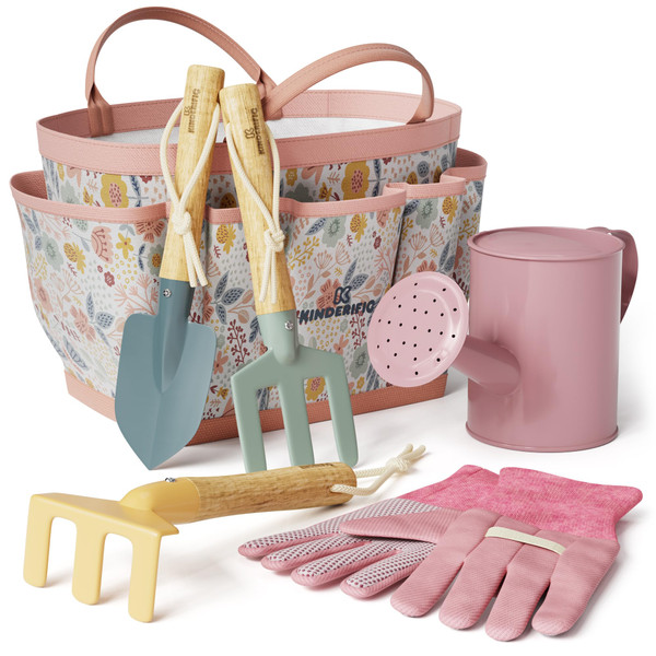 Gardening Set, Tool Kit, for Kids, STEM, Includes Tote Bag, Spade, Watering Can, Rake, Fork, Trowel and Gloves (Petal)