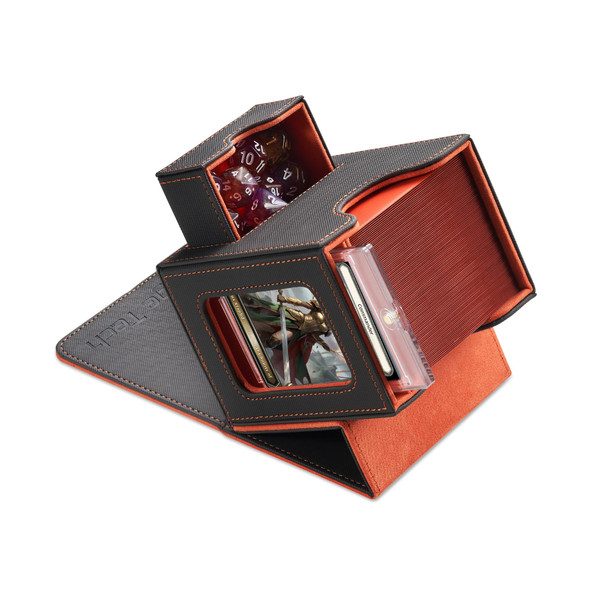 Mage Tech Card Deck Box for MTG Commander - Patented Design, Commander Display, Fits 100 Double-Sleeved Cards, 35pt Card Brick & Dice Tray - Grey/Orange