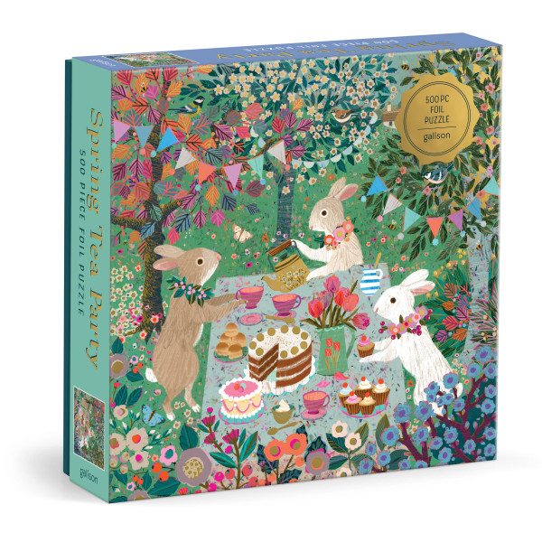 Galison Spring Tea Party  500 Piece Foil Jigsaw Puzzle Featuring Beautiful Artwork of Rabbits Enjoying A Tea Party