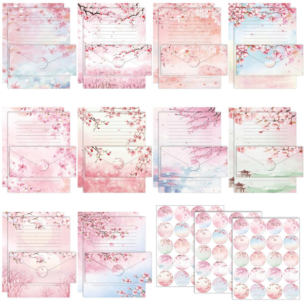 TaoBary 160 Packs Stationery Paper Set (50 Double Sided Stationery Writing Papers 50 Matching Envelopes) 60 Round Dot Sticker, 10 Design(Cherry Blossom,8.5 x 11 Inch)