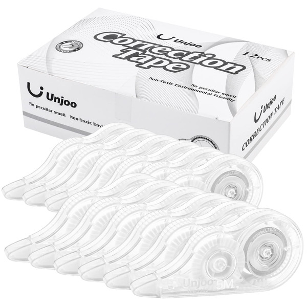Unjoo White Correction Tape, Easy To Use Applicator for Instant Corrections Wrong Writing At Any Time, For school, Office (12pack, 5M/196" x 0.2")