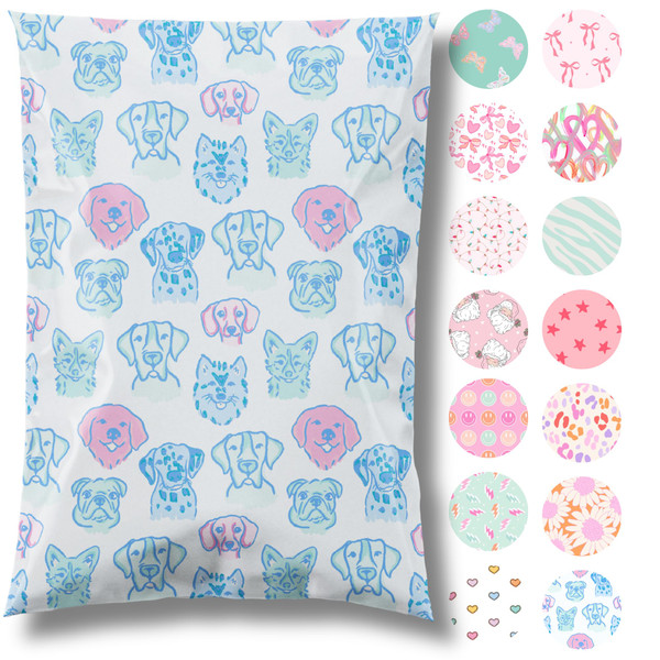 Pretty Package Store 6x9 Designer Poly Mailer 100 Pack Heavy Duty Waterproof Self Seal Shipping Bags for Small Business Large Mailing Envelopes Bulk Tear Resistant Packaging Pretty Pups Puppy Dogs