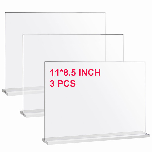Acrylic Sign Holder 11 x 8.5 Inch 3 Pack - Clear Display Sign Stand for Store Sign Holders - Horizontal Double-Sided Acrylic Stands, Vendor Booth Display Items - Flyer Holder & Plastic Paper Holder - Acrylic Frame for Restaurants, Office, Home, Store