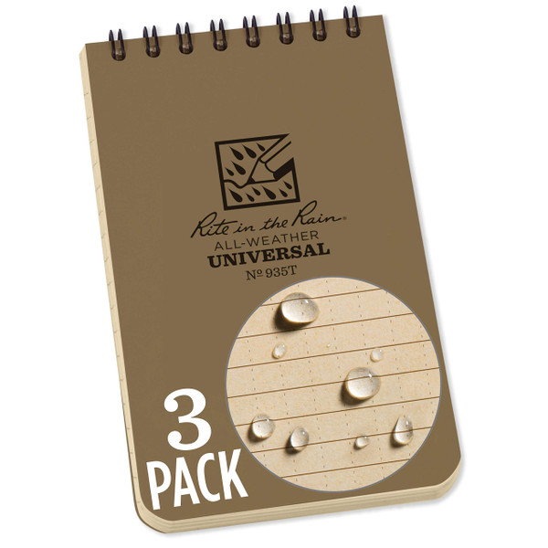 Rite in the Rain Weatherproof Top Spiral Notebooks, 3" x 5", Tan Cover, 3 Pack (No. 935T-3X)