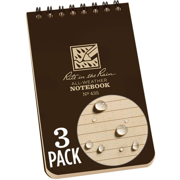 Rite in the Rain Weatherproof Top Spiral Notebook, 3" x 5", Brown Cover, Universal Pattern, 3 Pack (No. 435-3X)