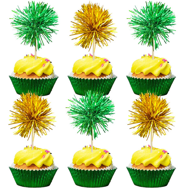 Gyufise 30Pcs Foil Firework Cupcake Toppers Sparkle Tinsel Cake Toppers Tinsel Drink Cake Decoration Cocktail Picks for Birthday Wedding Graduation Party Supplies Gold Green