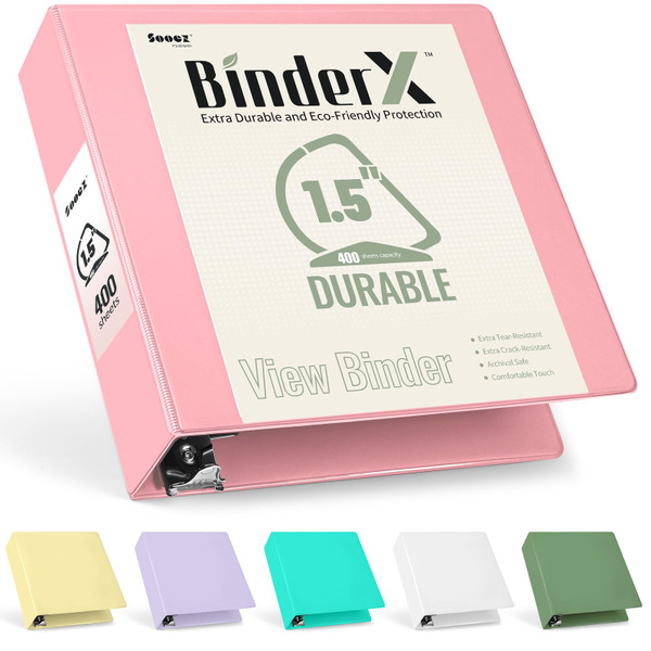 Sooez BinderX Extra Durable 1.5 Inch 3 Ring Binder, D-Ring Large Binder, Holds 400 Sheets of 8.5x11 Paper, Customizable View Cover with Inside Pockets, Heavy Duty 3 Ring Binder for School, Pink