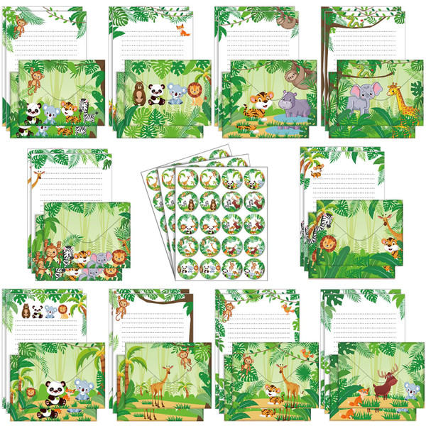 TaoBary 160 Packs Stationery Paper Set (50 Double Sided Stationery Writing Papers 50 Matching Envelopes) 60 Round Dot Sticker, 10 Design(Safari Animal,5.5 x 8.25 Inch)