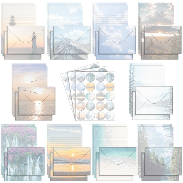 TaoBary 160 Packs Stationery Paper Set (50 Double Sided Stationery Writing Papers 50 Matching Envelopes) 60 Round Dot Sticker, 10 Design(Scenic Nature,5.5 x 8.25 Inch)