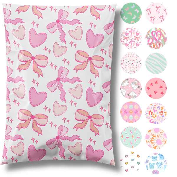 Pretty Package Store 14.5x19 Designer Poly Mailer 100 Pack Heavy Duty Waterproof Self Seal Shipping Bags for Small Business Large Mailing Envelopes Bulk Tear Resistant Packaging Coquette Bows Hearts