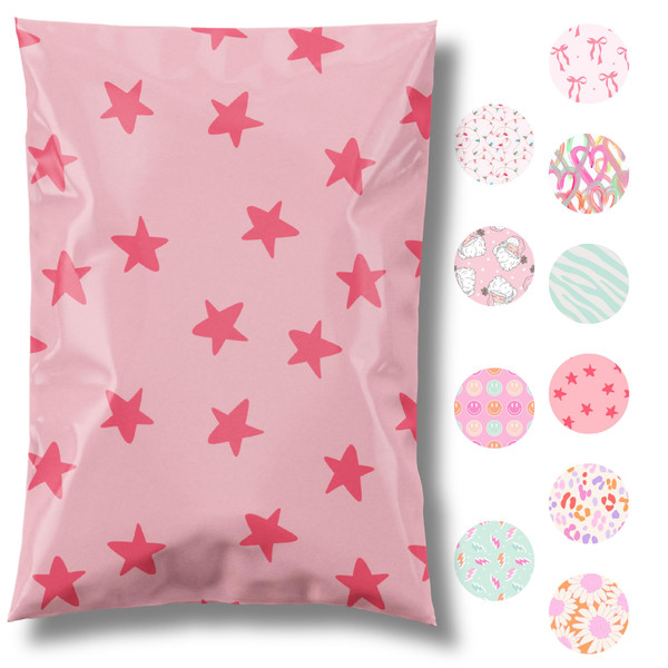 Pretty Package Store 10x13 Designer Poly Mailer 100 Pack Heavy Duty Waterproof Self Seal Shipping Bags for Small Business Large Mailing Envelopes Bulk Tear Resistant Cute Packaging Seeing Stars Pink