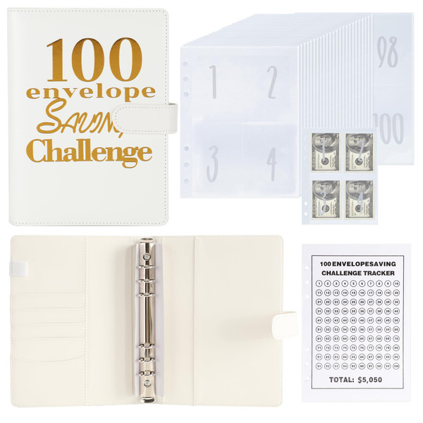 NICOOTH 100 Envelopes Money Saving Binder A5 Savings Challenge Book (A5 Full White)