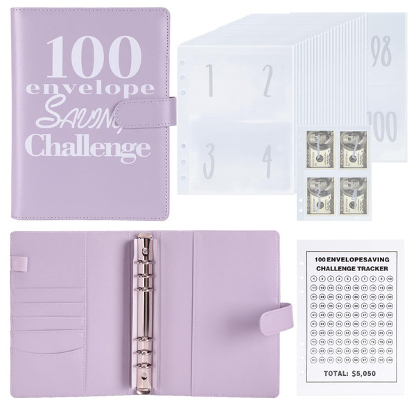 NICOOTH 100 Envelopes Money Saving Binder A5 Savings Challenge Book (A5 Full Purple)