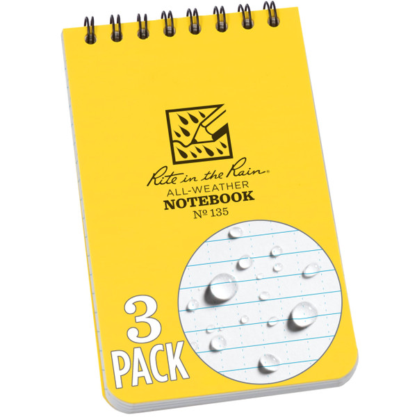 Rite in the Rain Weatherproof Top Spiral Notebook, 3" x 5", Yellow Cover, Universal Pattern, 3 Pack (No. 135-3X)