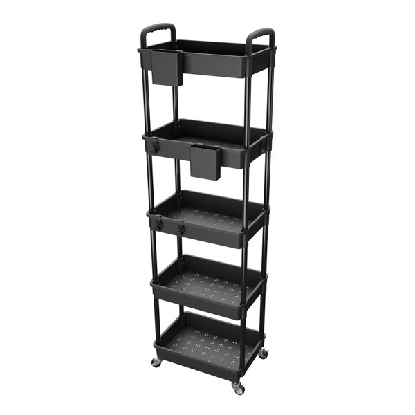 5 Tier Rolling Utility Cart with Handle,REBECAT Utility Cart Made of Multifunctional Storage Organizer Tool for Kitchen,Bathroom,Living Room,Office(Black)