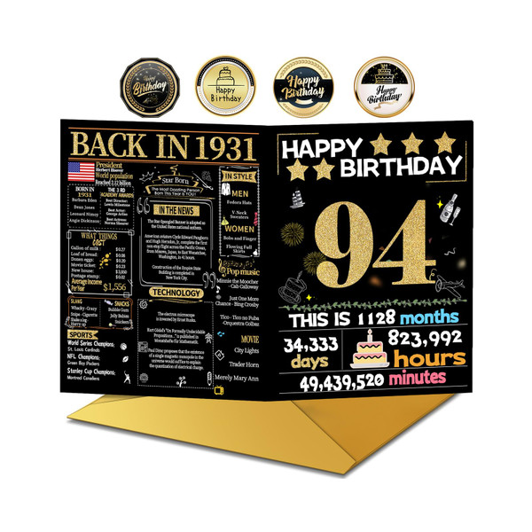 Joycard 94th Birthday Card with Envelope, 94th Birthday Decorations for Women Men, 94th Birthday Gifts for Grandpa Grandma, Happy Birthday Cards for 94 Year Old Mother Dad, Back in 1931