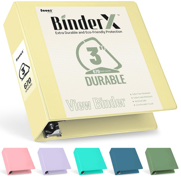 Sooez BinderX Extra Durable 3 Inch 3 Ring Binder, D-Ring Large Binder, Holds 670 Sheets of 8.5x11 Paper, Customizable View Cover with Inside Pocket, Heavy Duty 3 Ring Binder for School, Light Yellow