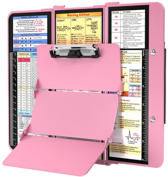 Nursing Clipboard Foldable, Foldable Clipboard w/Nursing Edition Cheat Charts, 3 Layers Aluminum, Nurse Clipboard w/Low Profile Clip&Pen Clip Pocket Clipboard for Students, Nurses and Doctors, Pink
