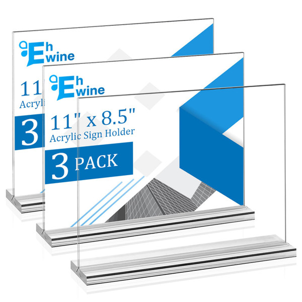 EHWINE 3 Pack Acrylic Sign Holder 8.5 x 11 Horizontal, Double-Sided Stand up Table Top Sign Holders, Clear Acrylic Picture Frame Menu Flyer Paper Holder Display Stand for Office Business Store Wedding Party
