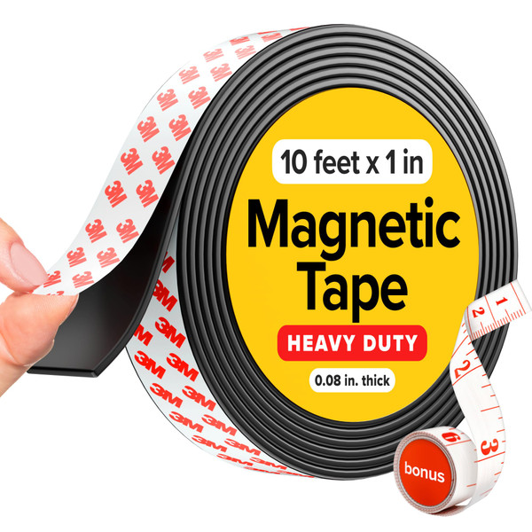 Super Sticky Magnetic Tape (10 feet x 1 inch) - Stong Magnet Strip with Adhesive Backing for DIY & Crafts - Easy to Cut and Mount on Fridges, Whiteboards & More