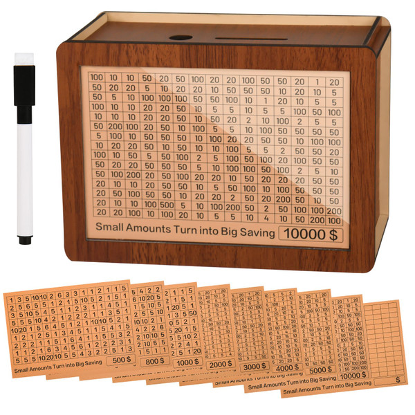 10000 Kakeibo Wooden Money Saving Challenge Box Cash Vault Piggy Bank for Adults Kids Savings Goals Smash Box Saver for Boys and Girls (10 Amounts)