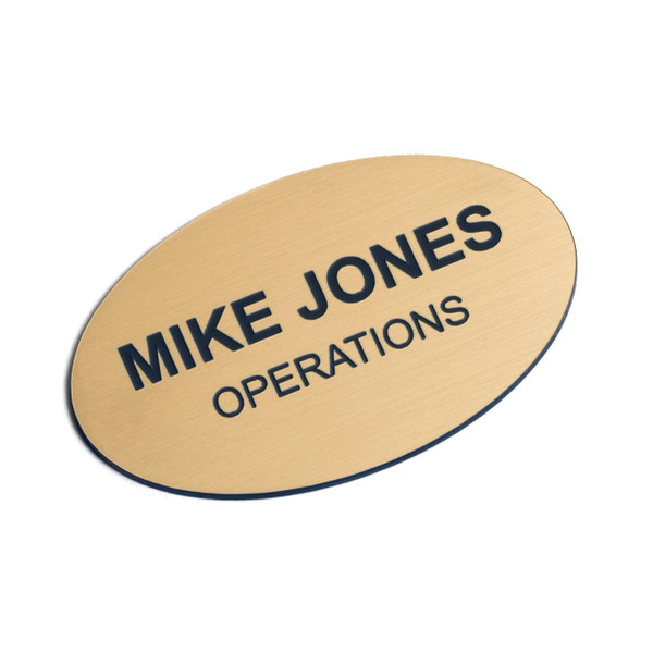 Custom Engraved Name Tag Badges  Personalized Identification with Pin or Magnetic Backing, 2.8 Inch Oval, European Gold/Black