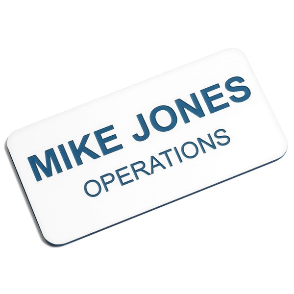 Custom Engraved Name Tag Badges  Personalized Identification with Pin or Magnetic Backing, 1.5 Inches x 3 Inches, White/Blue