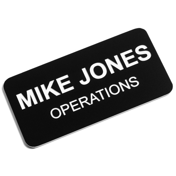 Custom Engraved Name Tag Badges  Personalized Identification with Pin or Magnetic Backing, 1.5 Inches x 3 Inches, Black/White