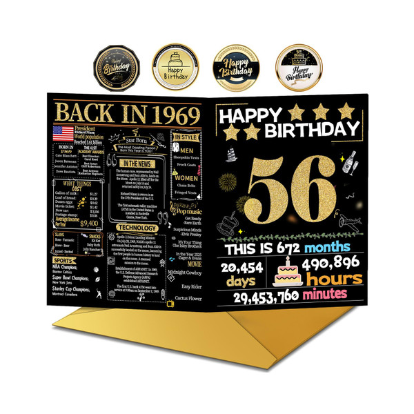 Joycard 56th Birthday Card with Envelope, 56th Birthday Decorations for Women Men, 56th Birthday Gifts for Mother Dad, Happy Birthday Cards for 56 Year Old Wife Husband, Back in 1969