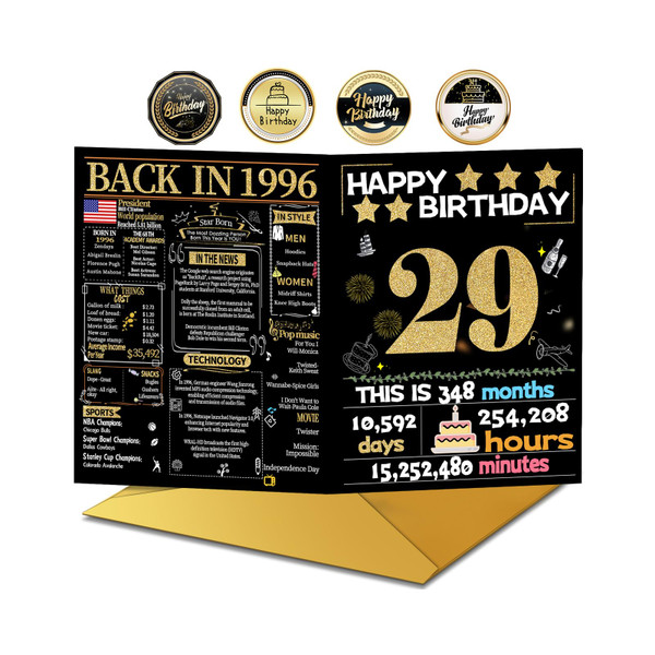 29th Birthday Card with Envelope, 29th Birthday Decorations for Women Men, 29th Birthday Gifts for Her Him, Happy Birthday Cards for 29 Year Old Daughter Son, Back in 1996